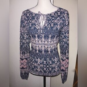 New Lucky Brand Navy and Pink Patterned Women's Top XL
